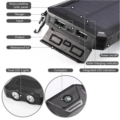 20000mAh Solar Power Bank Outdoor Portable Charger Powerbank Waterproof External Battery Dual USB Charging with LED Light