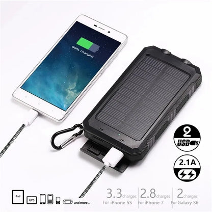 20000mAh Solar Power Bank Outdoor Portable Charger Powerbank Waterproof External Battery Dual USB Charging with LED Light