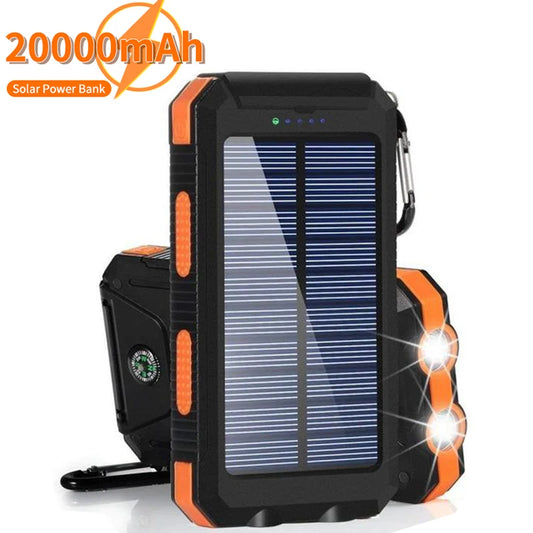 20000mAh Solar Power Bank Outdoor Portable Charger Powerbank Waterproof External Battery Dual USB Charging with LED Light